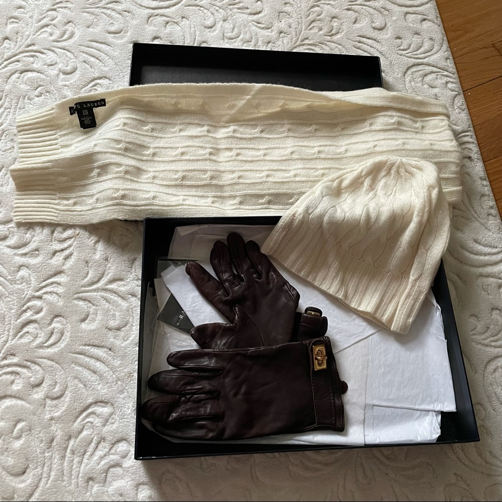 Ralph Lauren Cashmere Scarf, Hat, Leather Glove Gift Set - Picture 1 of 9